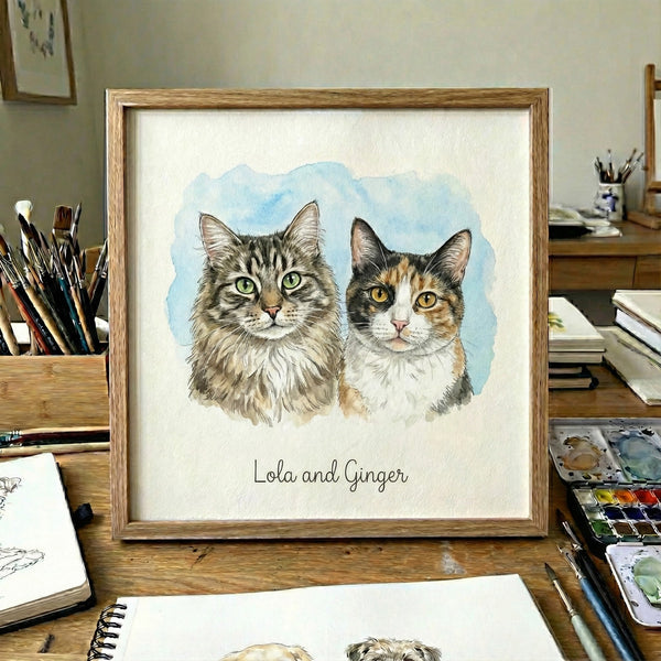 Custom Two Cat Portrait Custom Multi Pet Portrait - PetPortraitsWorld